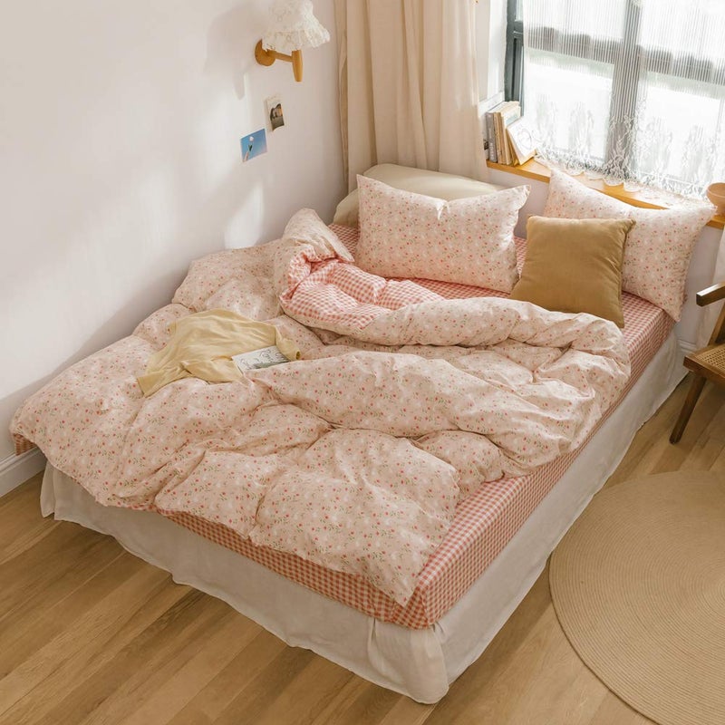 BlueBlue Rabbit Duvet Cover Set Twin 100% Cotton Bedding for Kids Boys Girls Teens Single Bed Cartoon Bunny Garden Floral on Pink 1 Reversible Check Comforter Cover with Zipper Ties 2 Pillowcases - Image 2